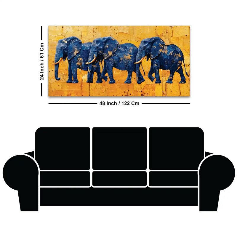 Luxury Blue Elephant Parade Abstract Canvas Wall Painting