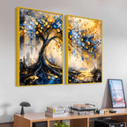 Luxury Blue & Golden Tree of Prosperity Acrylic Floating Wall Painting Set of 2