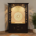 Luxury Brown Finish Wooden Floor Temple for Home & Office with LED OM Panel Drawer & Cabinet Storage for Home & Office