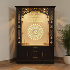 Luxury Brown Finish Wooden Floor Temple for Home & Office with LED OM Panel Drawer & Cabinet Storage for Home & Office
