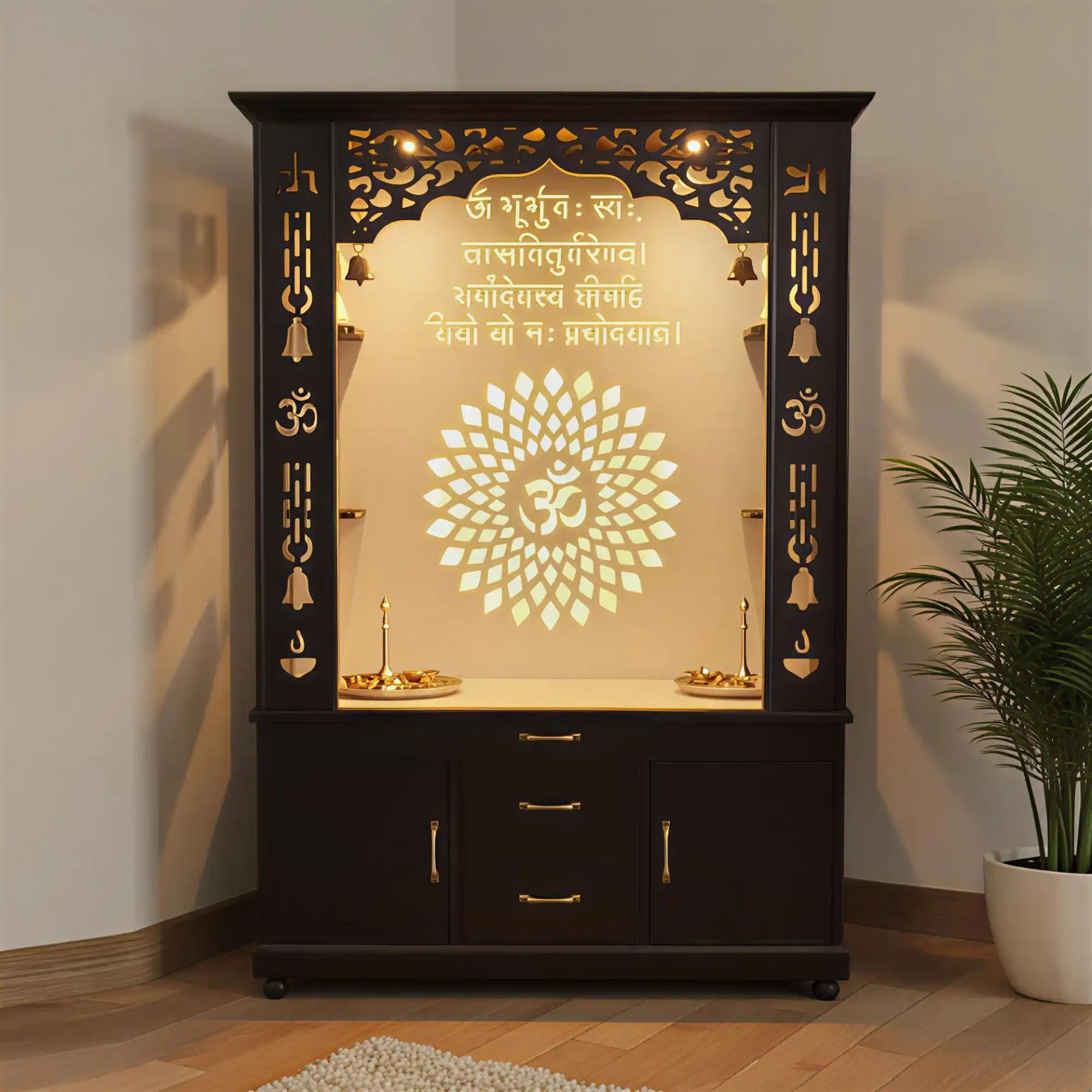 Luxury Brown Finish Wooden Floor Temple for Home & Office with LED OM Panel Drawer & Cabinet Storage for Home & Office