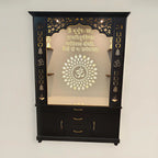 Luxury Brown Finish Wooden Floor Temple for Home & Office with LED OM Panel Drawer & Cabinet Storage for Home & Office