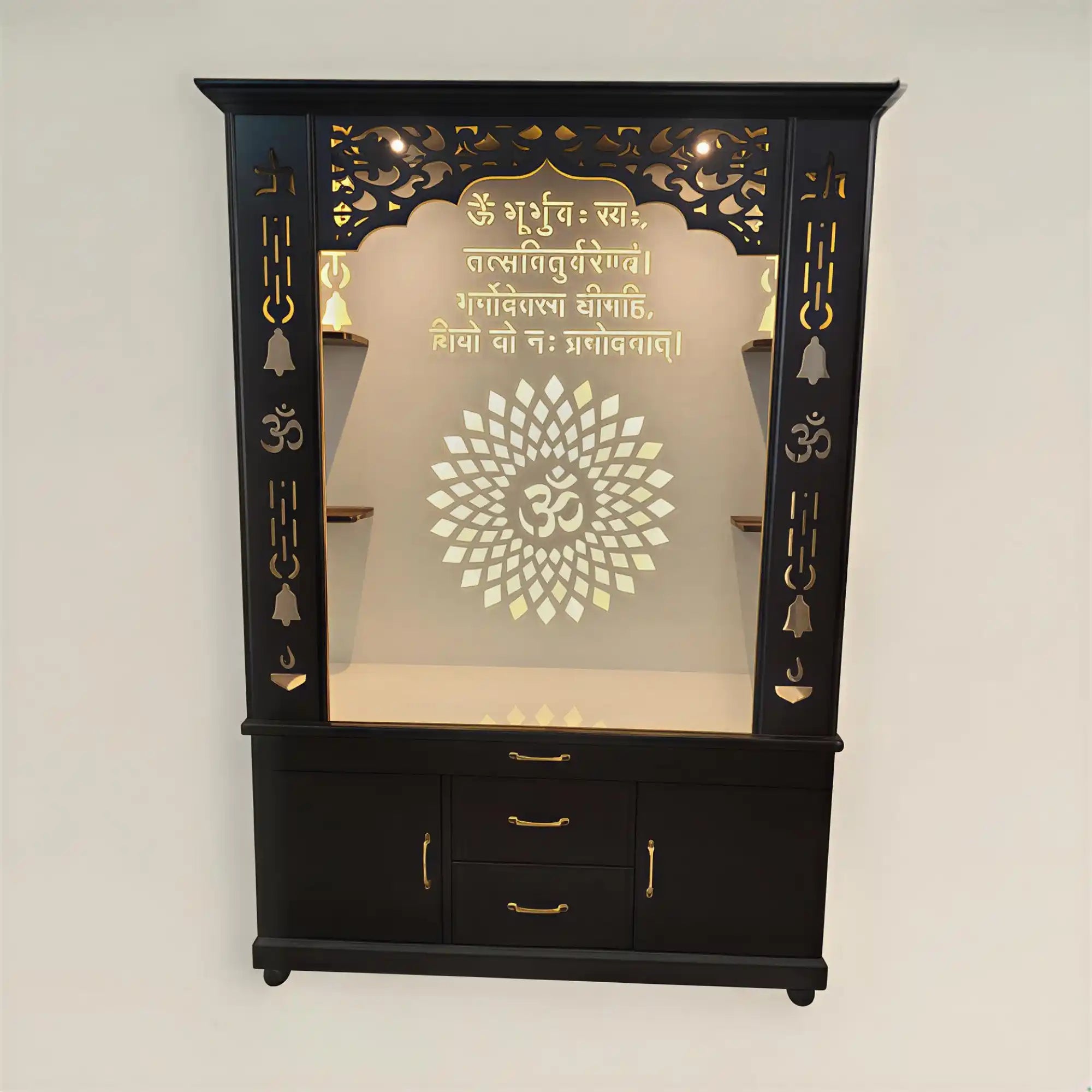 Luxury Brown Finish Wooden Floor Temple for Home & Office with LED OM Panel Drawer & Cabinet Storage for Home & Office