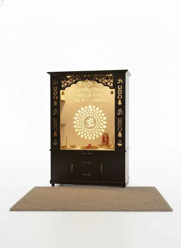 Luxury Brown Finish Wooden Floor Temple for Home & Office with LED OM Panel Drawer & Cabinet Storage for Home & Office