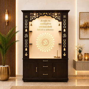 Luxury Brown Finish Wooden Floor Temple for Home & Office with LED OM Panel Drawer & Cabinet Storage for Home & Office