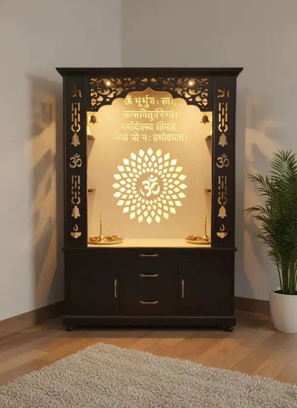 Luxury Brown Finish Wooden Floor Temple for Home & Office with LED OM Panel Drawer & Cabinet Storage for Home & Office