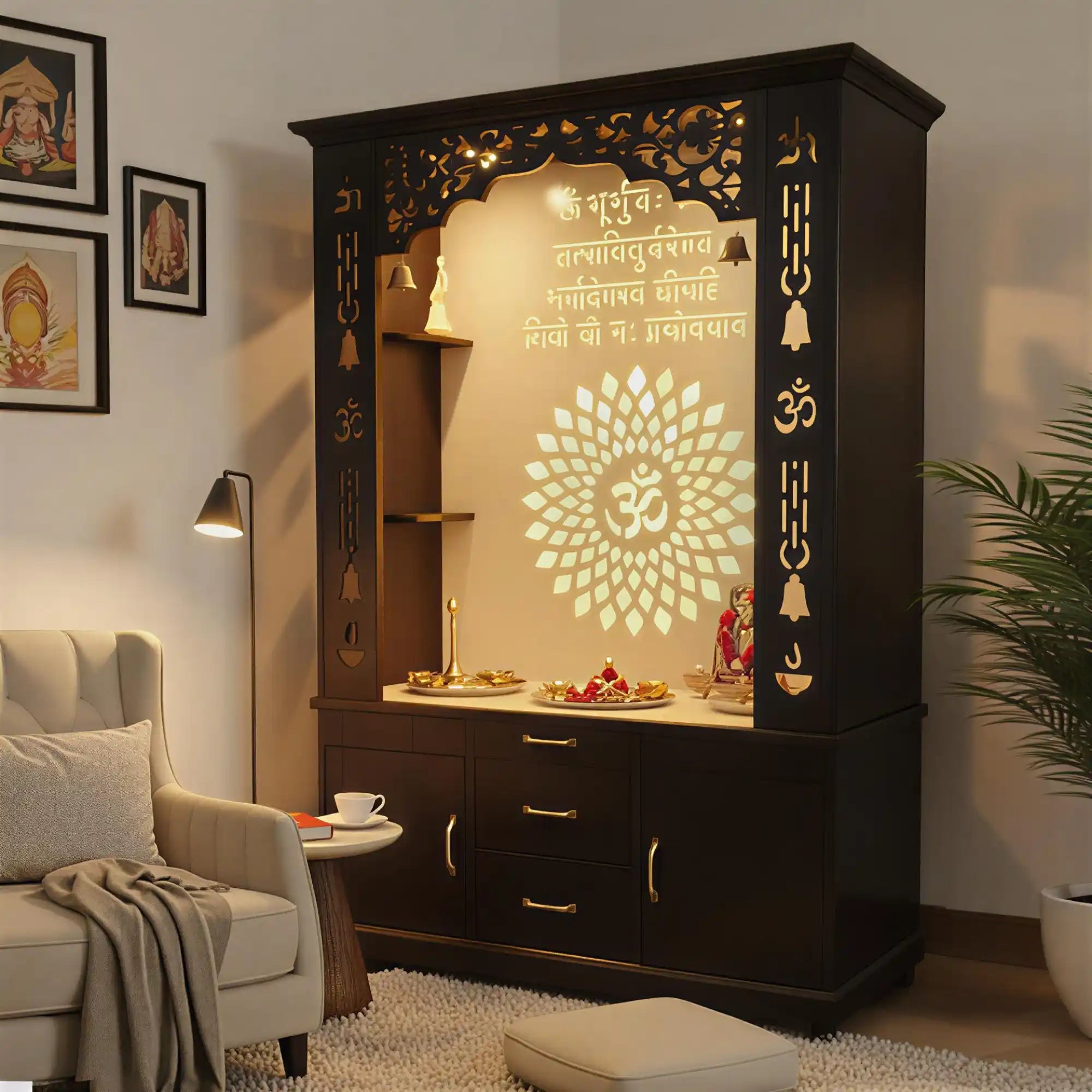 Luxury Brown Finish Wooden Floor Temple for Home & Office with LED OM Panel Drawer & Cabinet Storage for Home & Office