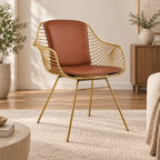 Luxury Brown Leather Accent Chair with Gold Wire Metal Frame