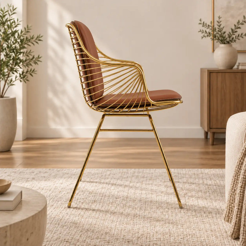 Luxury Brown Leather Accent Chair with Gold Wire Metal Frame