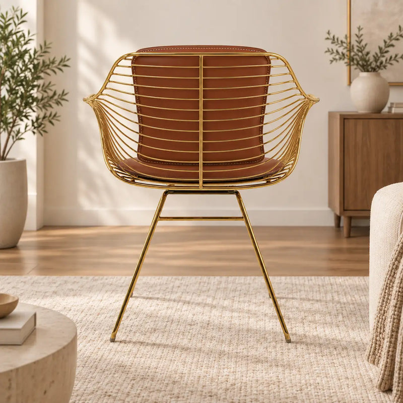 Luxury Brown Leather Accent Chair with Gold Wire Metal Frame