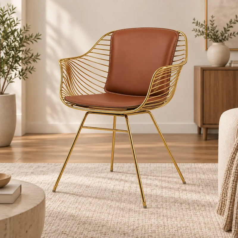 Luxury Brown Leather Accent Chair with Gold Wire Metal Frame