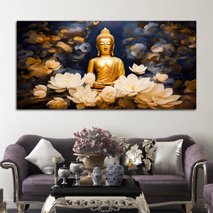 Luxury Buddha Meditation Wall Painting with White Lotus Art