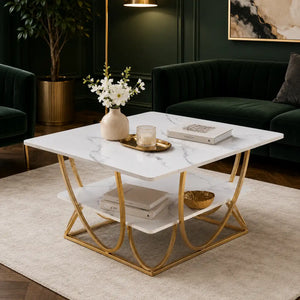 Luxury Center Table with Double Storage Self White Marble Finish