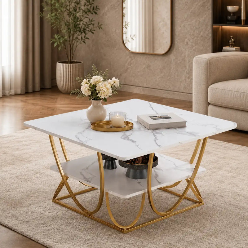 Luxury Center Table with Double Storage Self White Marble Finish