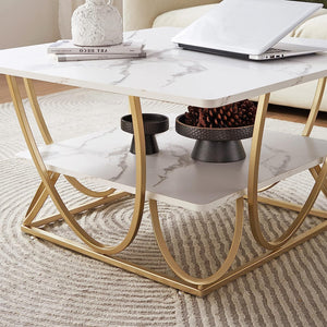 Luxury Center Table with Double Storage Self White Marble Finish