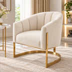 Luxury Channel-Tufted Cream Lounge Chair with Golden Metal Frame
