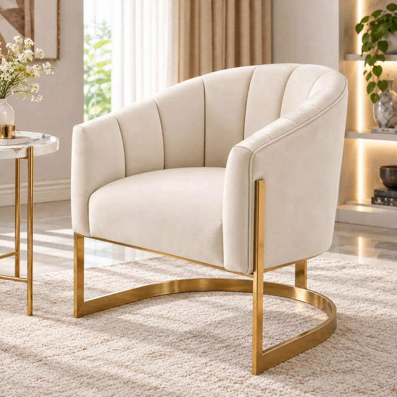 Luxury Channel-Tufted Cream Lounge Chair with Golden Metal Frame