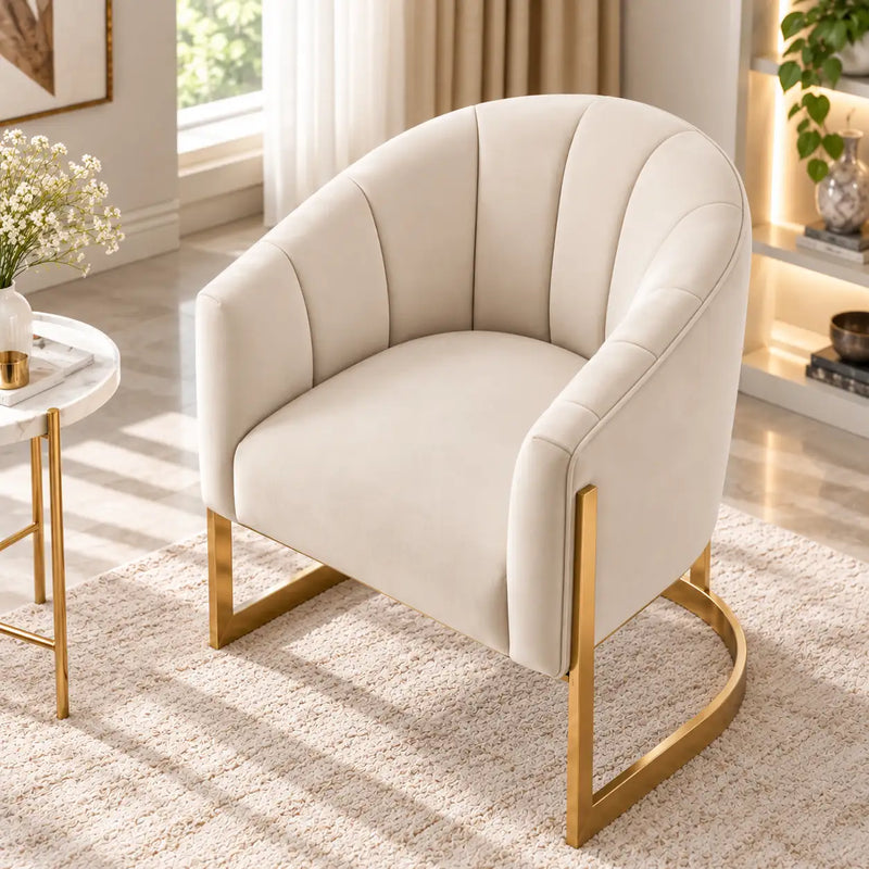 Luxury Channel-Tufted Cream Lounge Chair with Golden Metal Frame