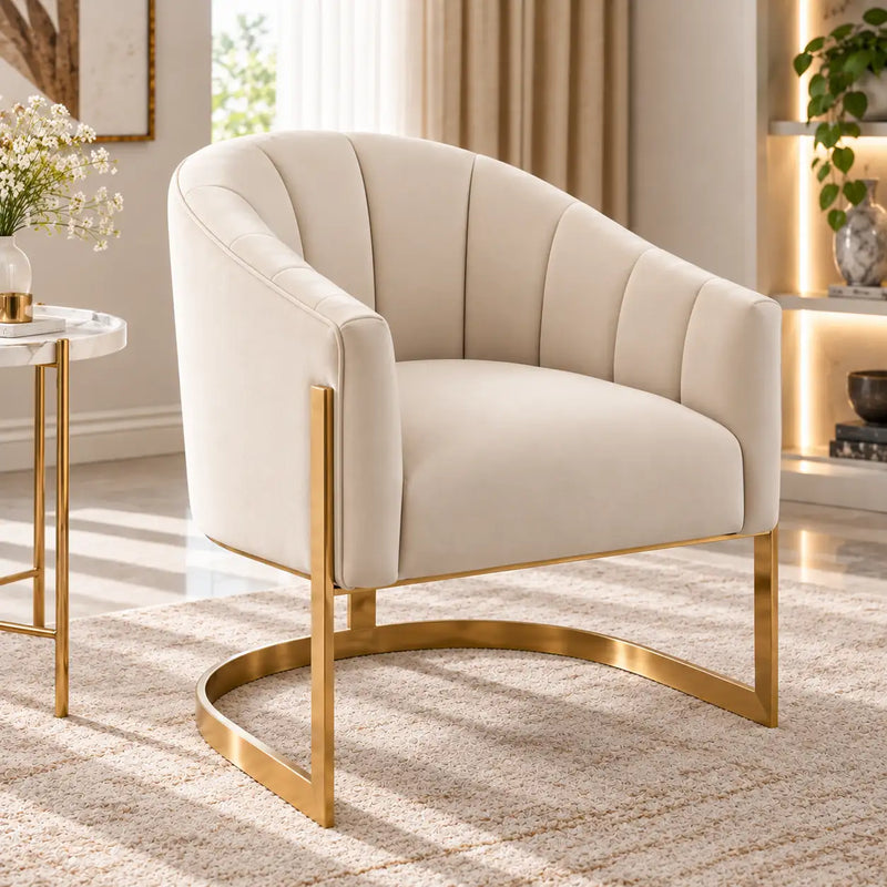 Luxury Channel-Tufted Cream Lounge Chair with Golden Metal Frame