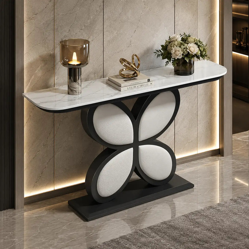 Luxury Console Table Featuring Black Floral Flower Design & Marble Top