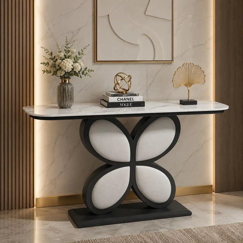 Luxury Console Table Featuring Black Floral Flower Design & Marble Top