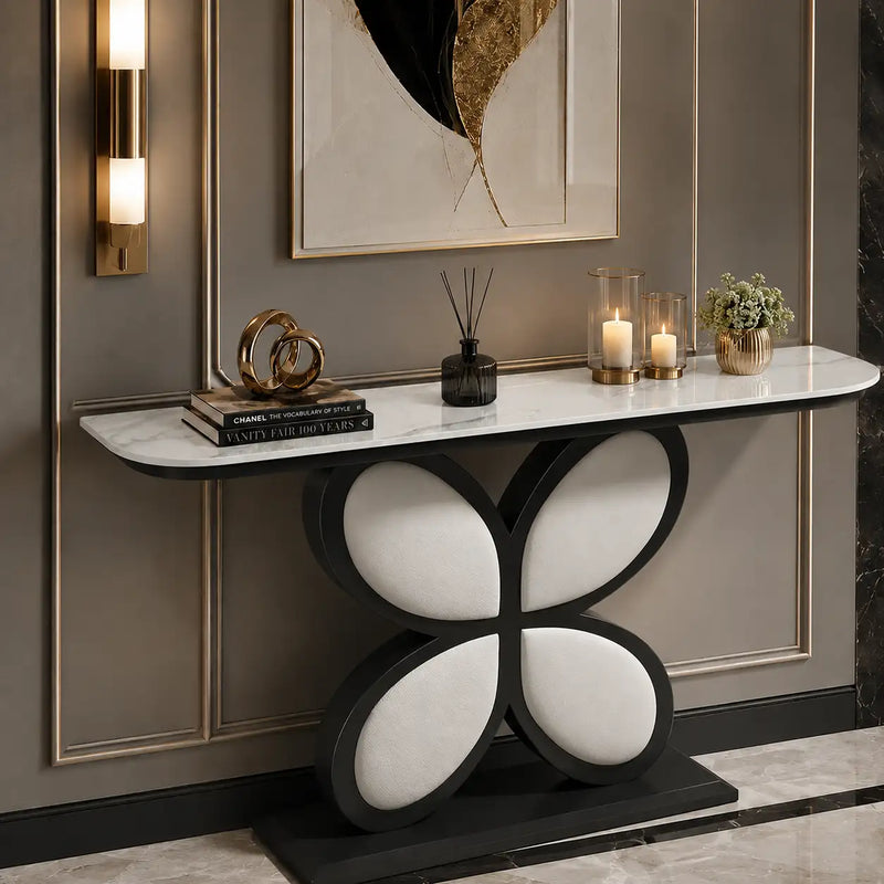 Luxury Console Table Featuring Black Floral Flower Design & Marble Top