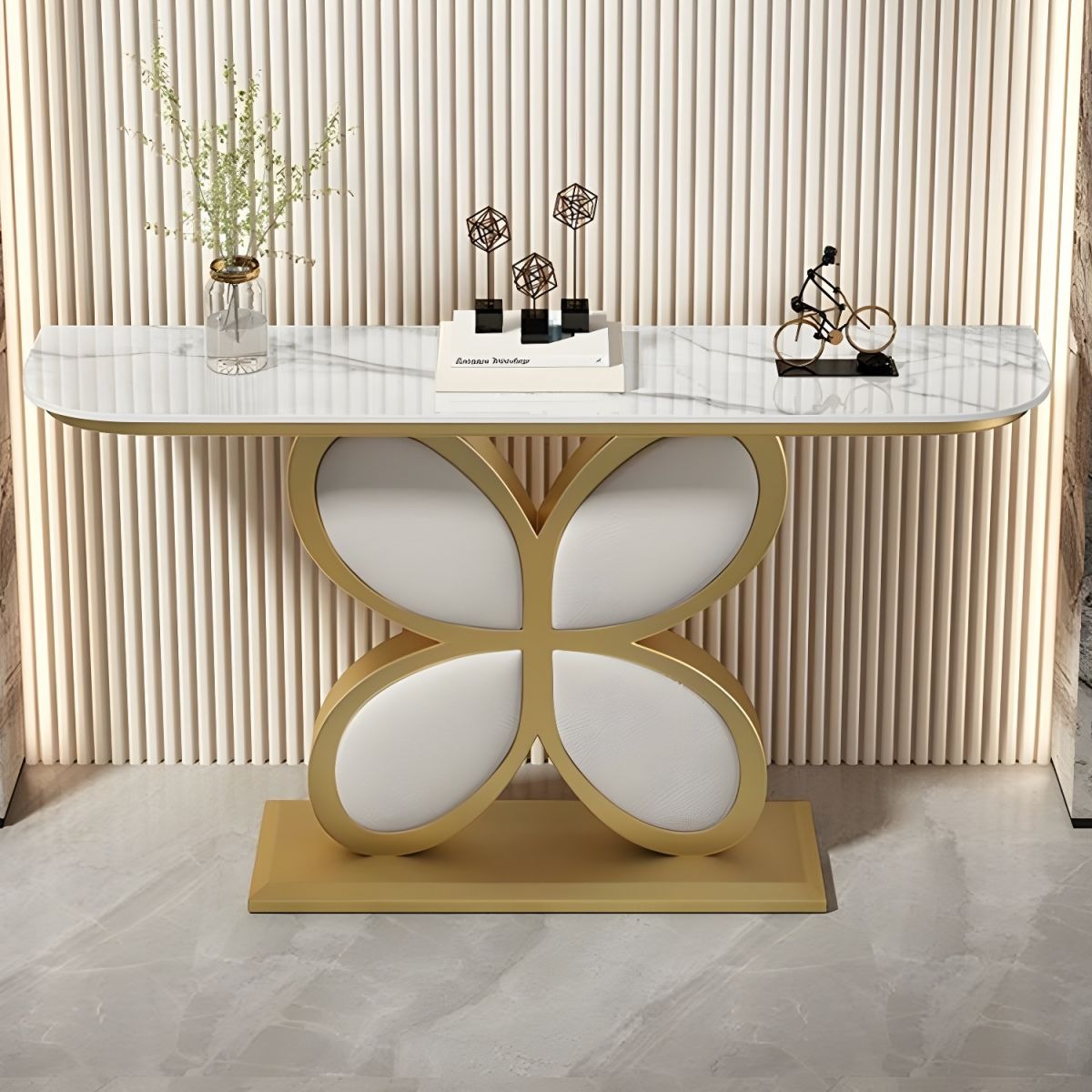 Luxury Console Table Featuring Gold Floral Flower Design & Marble Top