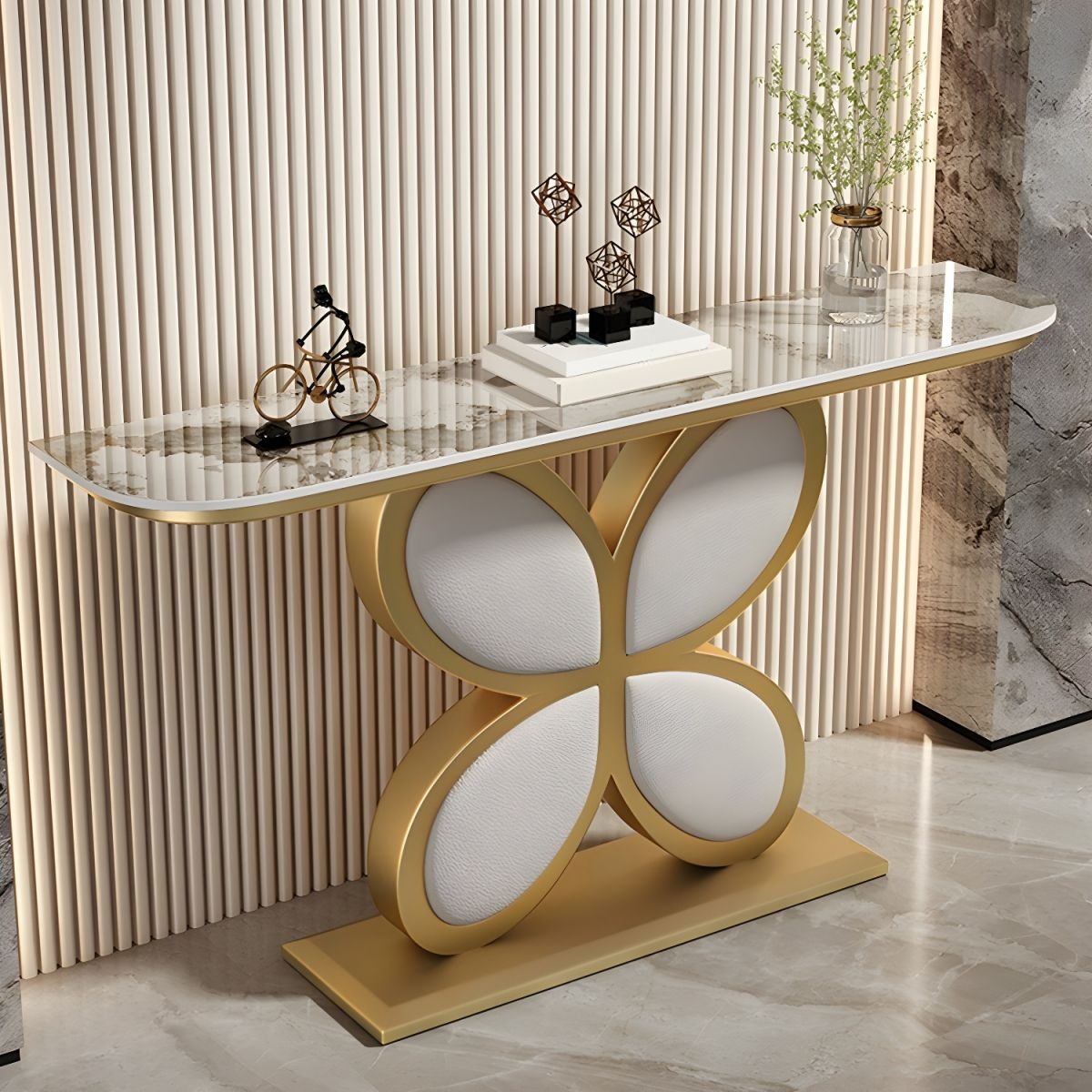 Luxury Console Table Featuring Gold Floral Flower Design & Marble Top