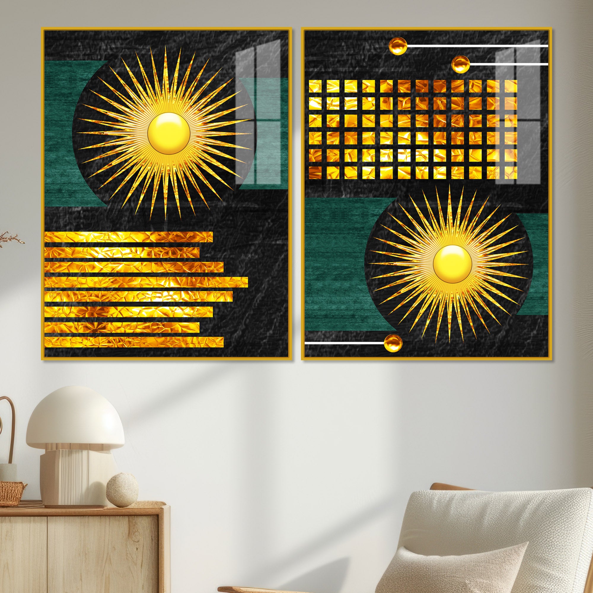 Luxury Decorative Golden Circles and Lines Dark Shape Acrylic Floating Wall Painting Set of 2