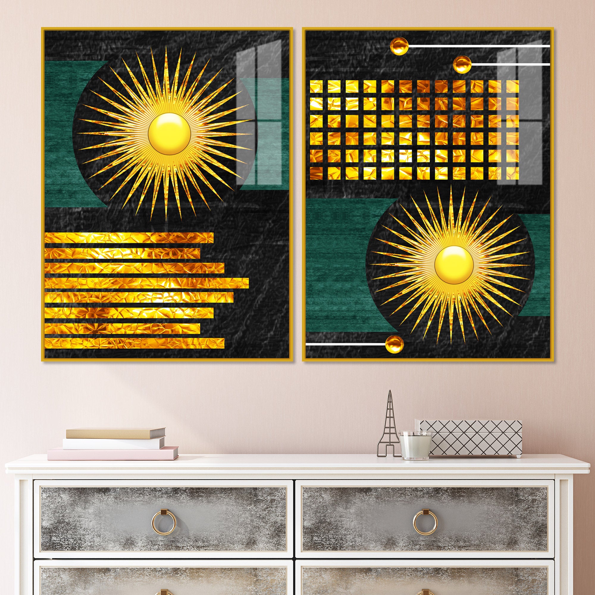 Luxury Decorative Golden Circles and Lines Dark Shape Acrylic Floating Wall Painting Set of 2
