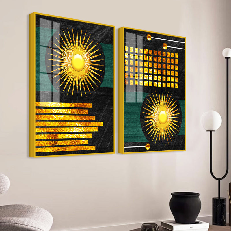 Luxury Decorative Golden Circles and Lines Dark Shape Acrylic Floating Wall Painting Set of 2