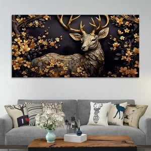 Luxury Deer Canvas Wall Art Floral Painting for Modern Home Decor