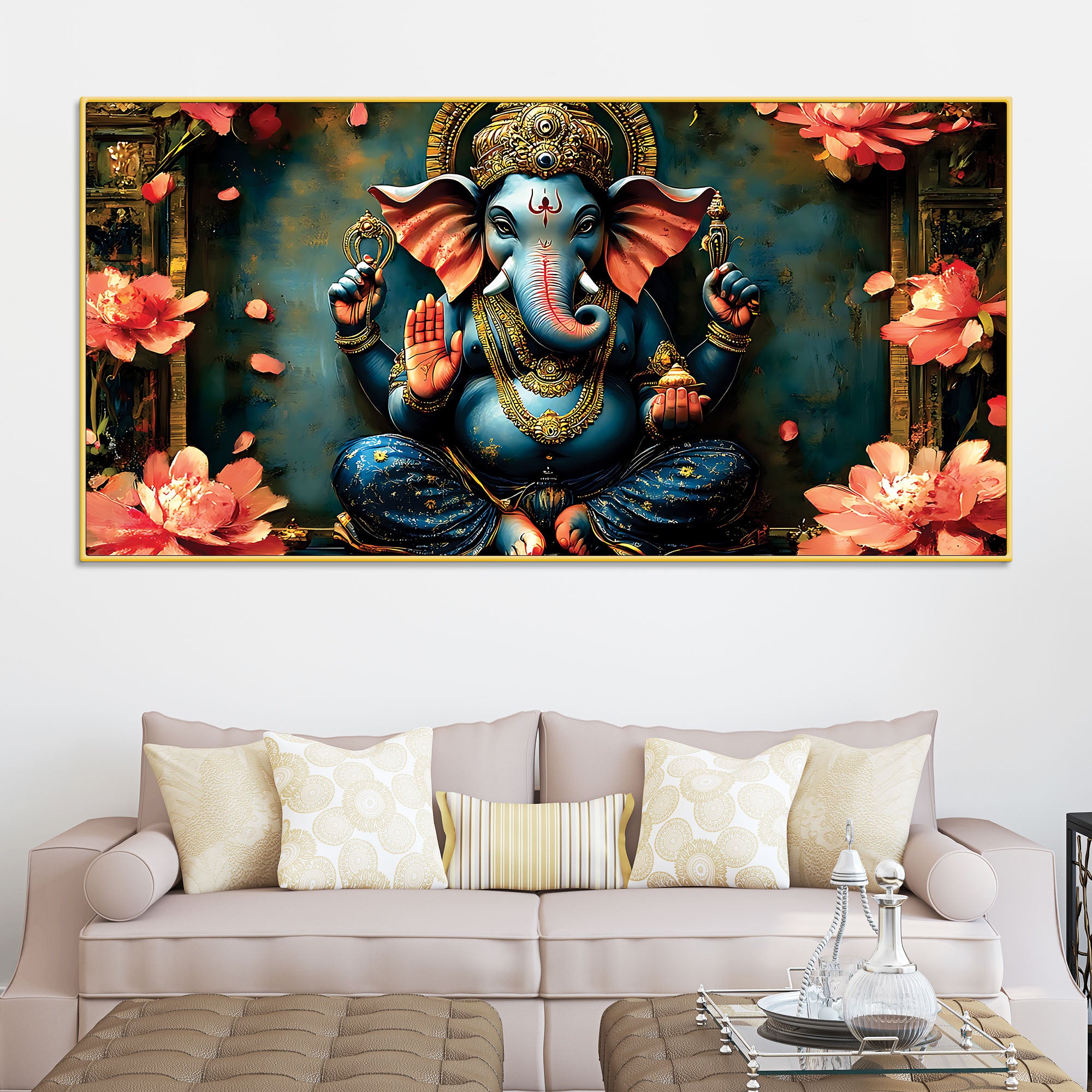 Luxury Divine Lord Ganpati Canvas Wall Painting for Elegant Interiors – Modern Devotional Wall Decor