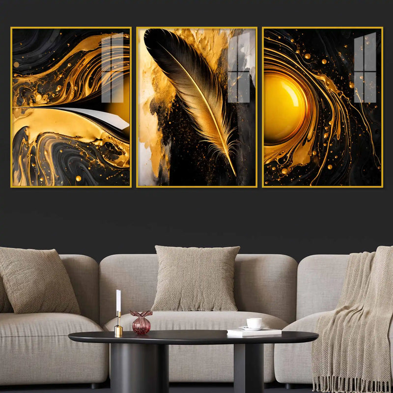 Luxury Feather Gold Abstract Wall Art Acrylic Floating Wall Painting Set of 3