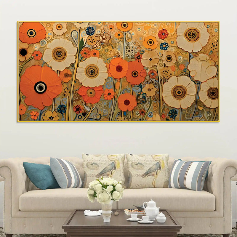 luxury-floral-garden-warm-orange-meadow-botanical-canvas-wall-painting