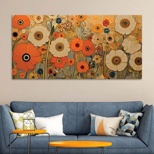 Luxury Floral Garden Warm Orange Meadow Botanical Canvas Wall Painting