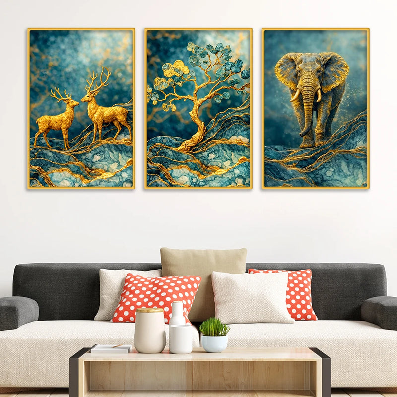 Luxury Forest Animal Canvas Wall Art Painting Set of Three for Home Decor