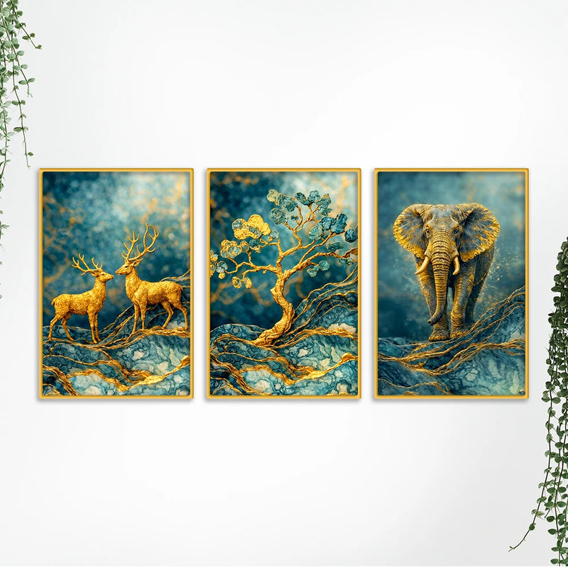 Luxury Forest Animal Canvas Wall Art Painting Set of Three for Home Decor