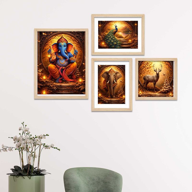 Luxury Ganesha & Wildlife Wall Frame Set of Four