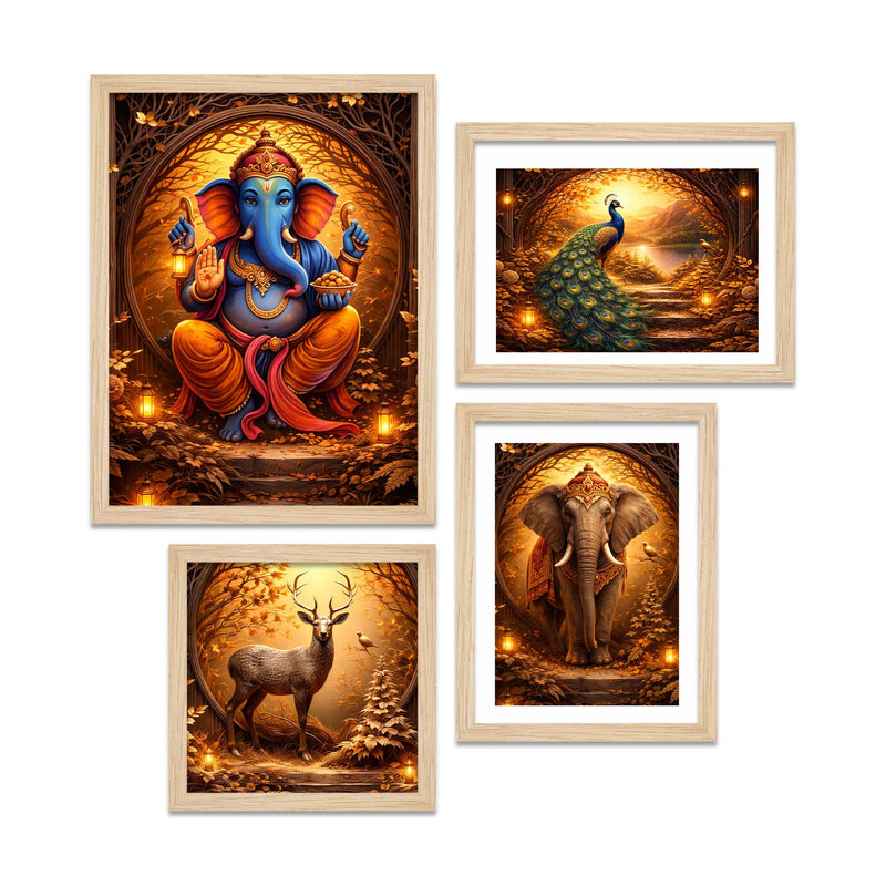 Luxury Ganesha & Wildlife Wall Frame Set of Four