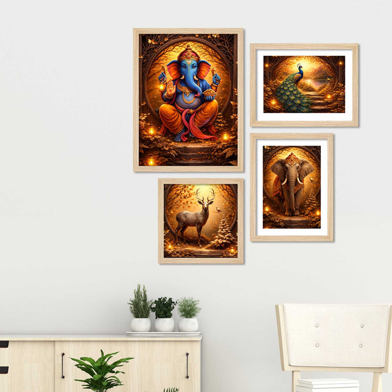Luxury Ganesha & Wildlife Wall Frame Set of Four