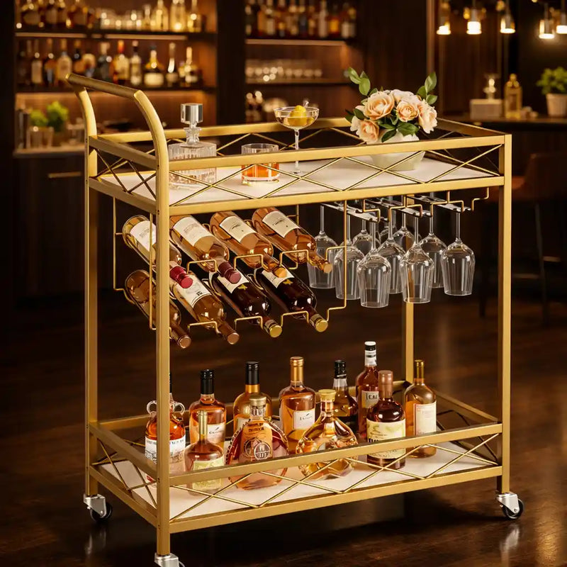 Luxury Gold Bar Cart with Built-In Bottle & Glass Storage Trolley