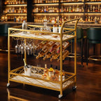Luxury Gold Bar Cart with Built-In Bottle & Glass Storage Trolley