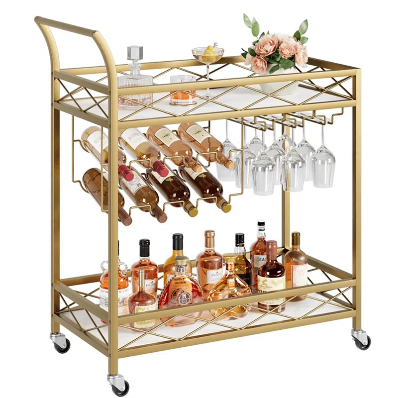 Luxury Gold Bar Cart with Built-In Bottle & Glass Storage Trolley