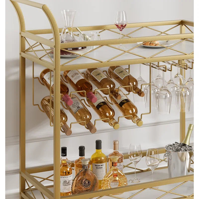 Luxury Gold Bar Cart with Built-In Bottle & Glass Storage Trolley