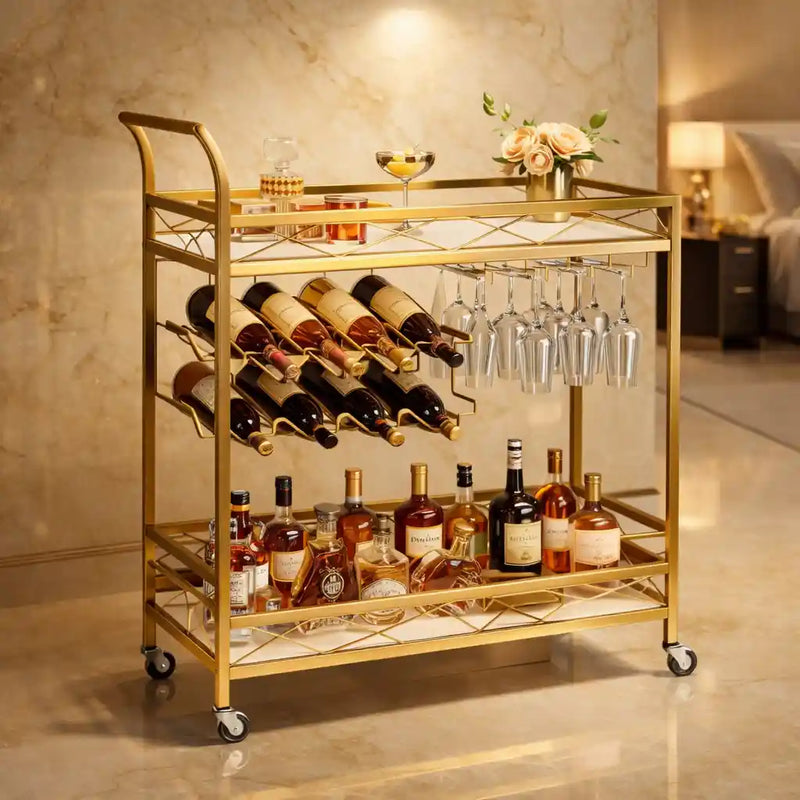 Luxury Gold Bar Cart with Built-In Bottle & Glass Storage Trolley