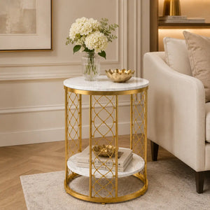 Luxury Gold Marble End Table with Storage Shelf