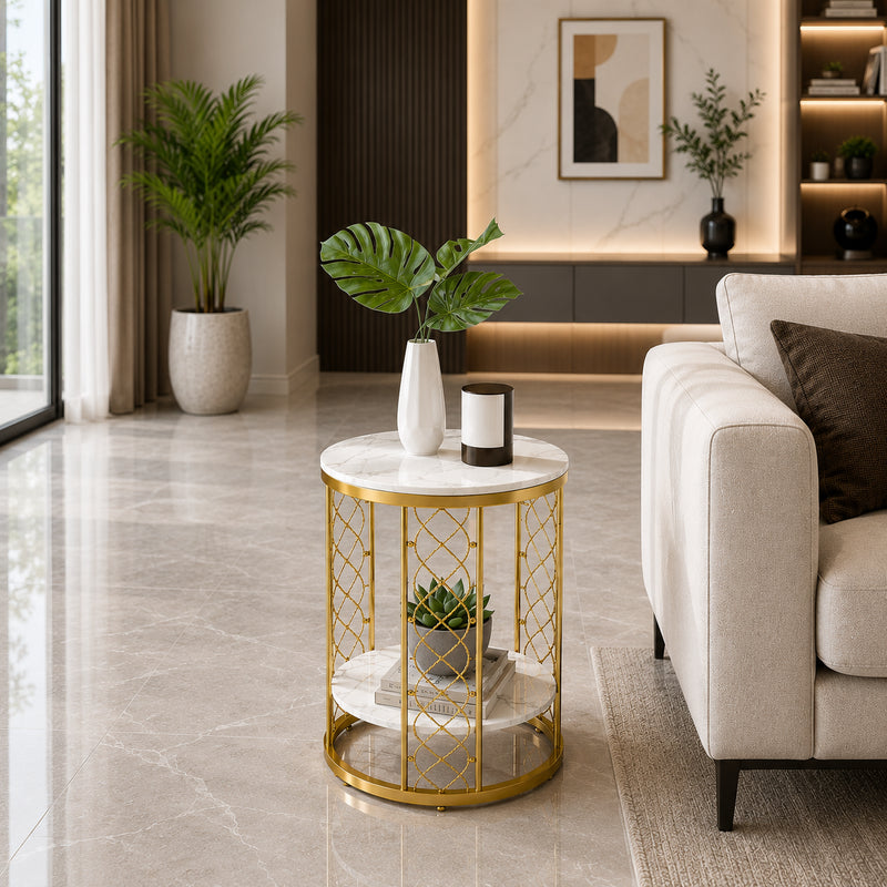 Luxury Gold Marble End Table with Storage Shelf