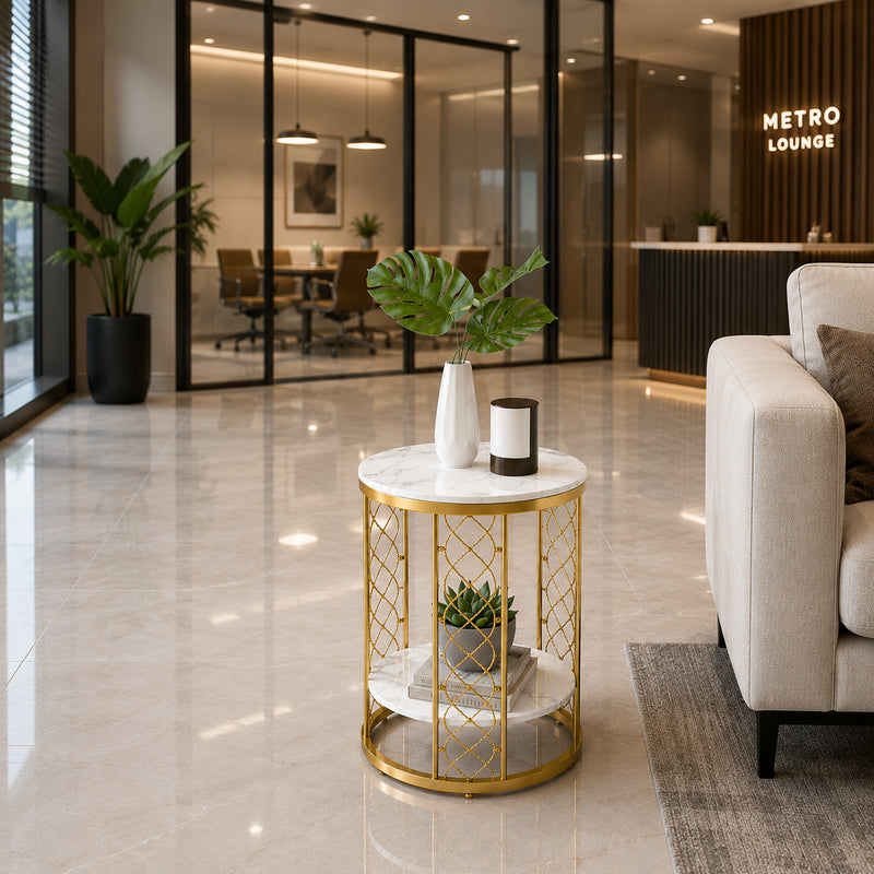 Luxury Gold Marble End Table with Storage Shelf