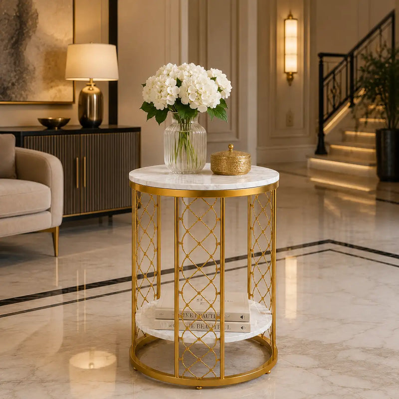 Luxury Gold Marble End Table with Storage Shelf